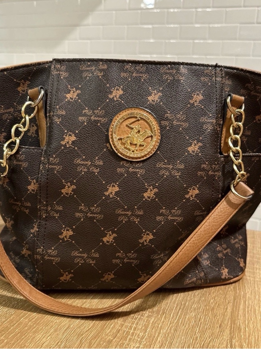 Beverly Hills Polo Club Dark Brown Logo Shoulder Tote with Tan Strap
